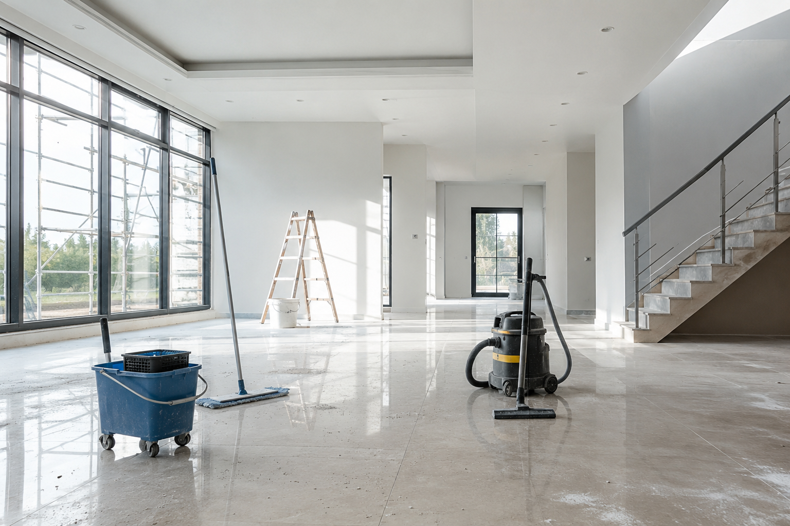 Professionelle Bauendreinigung in einem hellen neu gebauten Innenraum