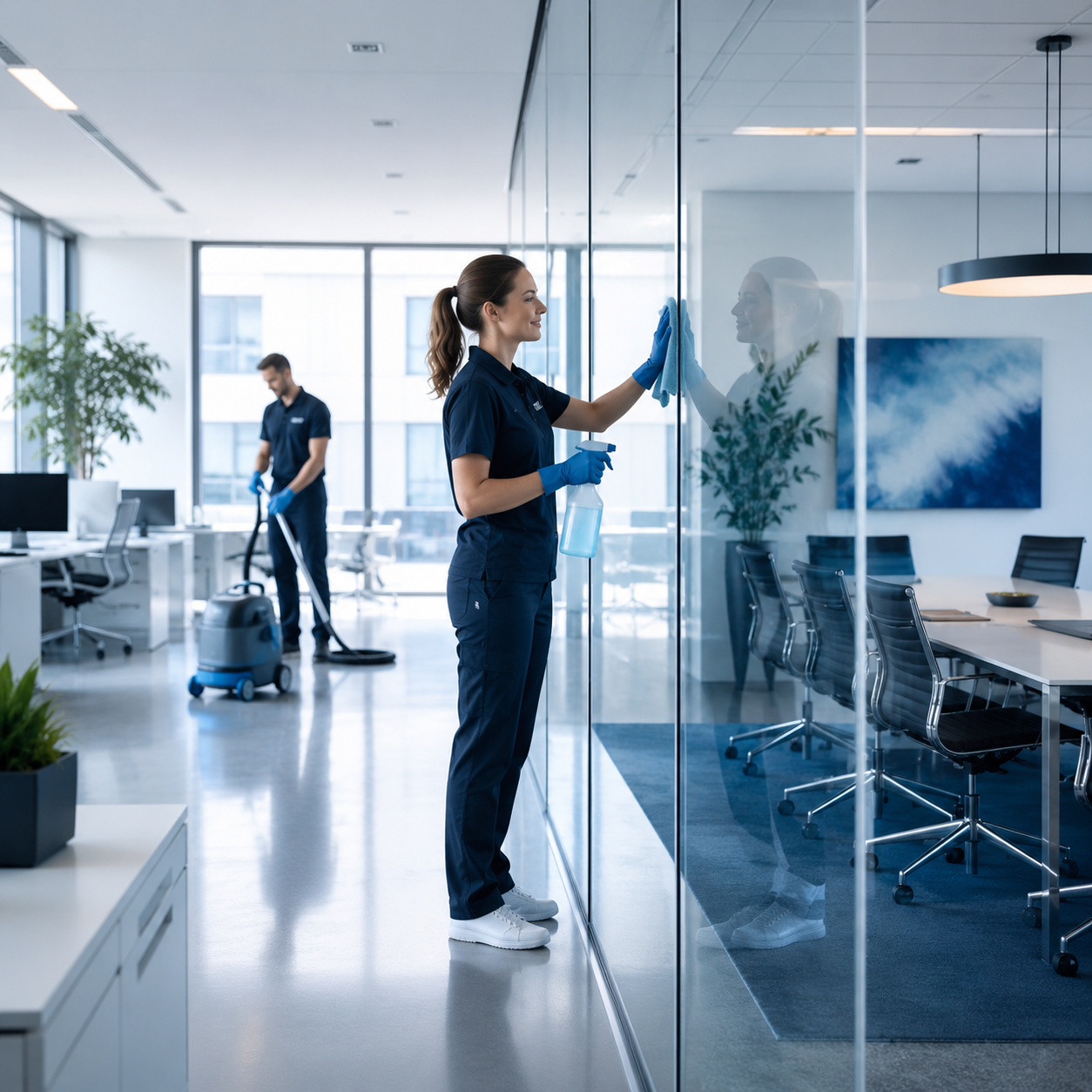 Aveoma Reinigungsteam bei der professionellen Reinigung moderner Büroräume